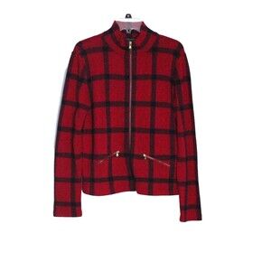 Lauren Ralph Lauren Plaid Jacket Red Black Cotton Front Zip Mock Neck  Size L
